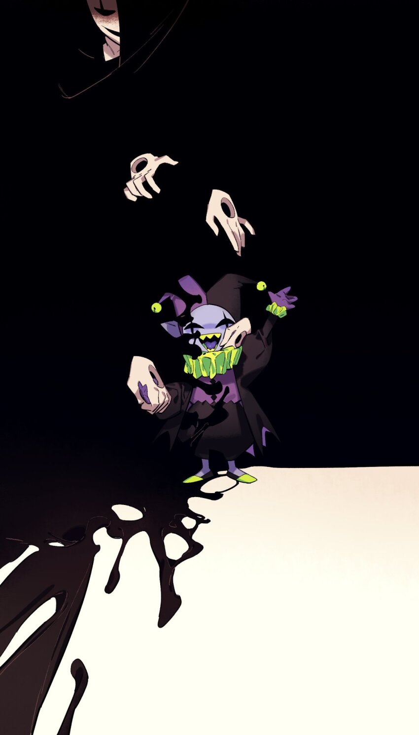 2boys, :d, allhailjotman, arm_up, black_jacket, black_shorts, blue_skin, buttons, clown, clown_boy, colored_skin, colored_teeth, colored_tongue, commentary, deltarune, disembodied_hand, english_commentary, frilled_sleeves, frills, full_body, gloves, green_footwear, hat, highres, holding_hands, hollow_eyes, jacket, jester, jester_boy, jester_cap, jevil, juliet_sleeves, long_sleeves, looking_at_viewer, male_focus, multiple_boys, neck_ruff, open_clothes, open_jacket, open_mouth, pointy_ears, puffy_shorts, puffy_sleeves, purple_gloves, purple_shirt, purple_tongue, scar, scar_across_eye, scar_on_face, sharp_teeth, shirt, shorts, simple_background, smile, standing, straight-on, teeth, tongue, two-tone_hat, undertale, utdr_(toby_fox), w.d._gaster, waving, yellow_teeth