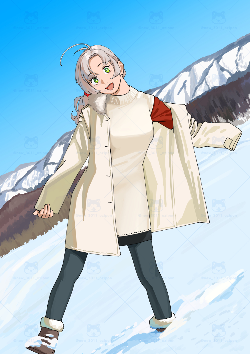 1girl, absurdres, alternate_costume, alternate_hairstyle, antenna_hair, black_pantyhose, blue_sky, boots