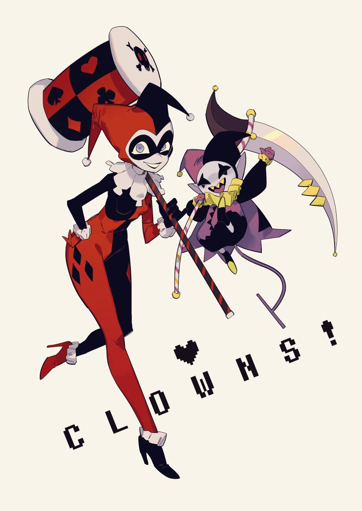 1boy, 1girl, ace_(playing_card), ace_of_clubs, ace_of_diamonds, ace_of_hearts, ace_of_spades, allhailjotman, asymmetrical_footwear, asymmetrical_gloves, black_bodysuit, black_footwear, black_gloves, black_hat, black_mask, bodysuit, boots, breasts, cape, card, clown, clown_boy, club_(shape), colored_skin, colored_teeth, commentary, crossover, dc_comics, deltarune, diamond_(shape), english_commentary, english_text, eye_mask, frilled_footwear, frilled_sleeves, frills, full_body, gloves, grey_eyes, grey_skin, grin, hammer, hand_on_own_hip, harley_quinn, hat, heart, high_heel_boots, high_heels, holding, holding_hammer, holding_scythe, hollow_eyes, jester, jester_boy, jester_cap, jevil, long_sleeves, looking_at_viewer, mask, mismatched_footwear, mismatched_gloves, multicolored_bodysuit, neck_ruff, open_mouth, playing_card, purple_cape, purple_gloves, purple_hat, red_bodysuit, red_footwear, red_gloves, red_hat, scythe, sharp_teeth, simple_background, skull_print, small_breasts, smile, spade_(shape), standing, standing_on_one_leg, teeth, tongue, trait_connection, two-tone_bodysuit, two-tone_hat, upper_teeth_only, utdr_(toby_fox), yellow_background, yellow_teeth