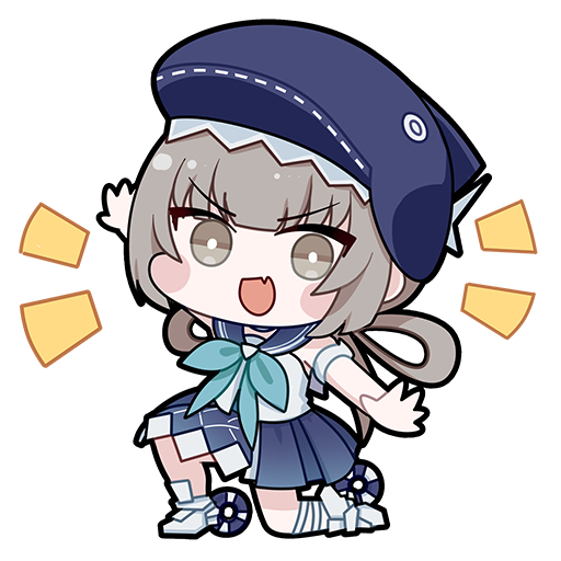 1girl, :d, animal_hat, aqua_bow, aqua_bowtie, bare_shoulders, blue_hat, blue_sailor_collar, blue_skirt, bow, bowtie, bright_pupils, chibi, chibi_only, chinese_commentary, commentary_request, euyueuy, fang, full_body, grey_eyes, grey_hair, hat, looking_at_viewer, nanami:_pulse_(beach_frolics)_(pgr), nanami_(pgr), official_alternate_costume, on_one_knee, open_mouth, outstretched_arms, punishing:_gray_raven, sailor_collar, shirt, simple_background, skin_fang, skirt, smile, solo, sticker_(medium), v-shaped_eyebrows, white_background, white_footwear, white_pupils, white_shirt