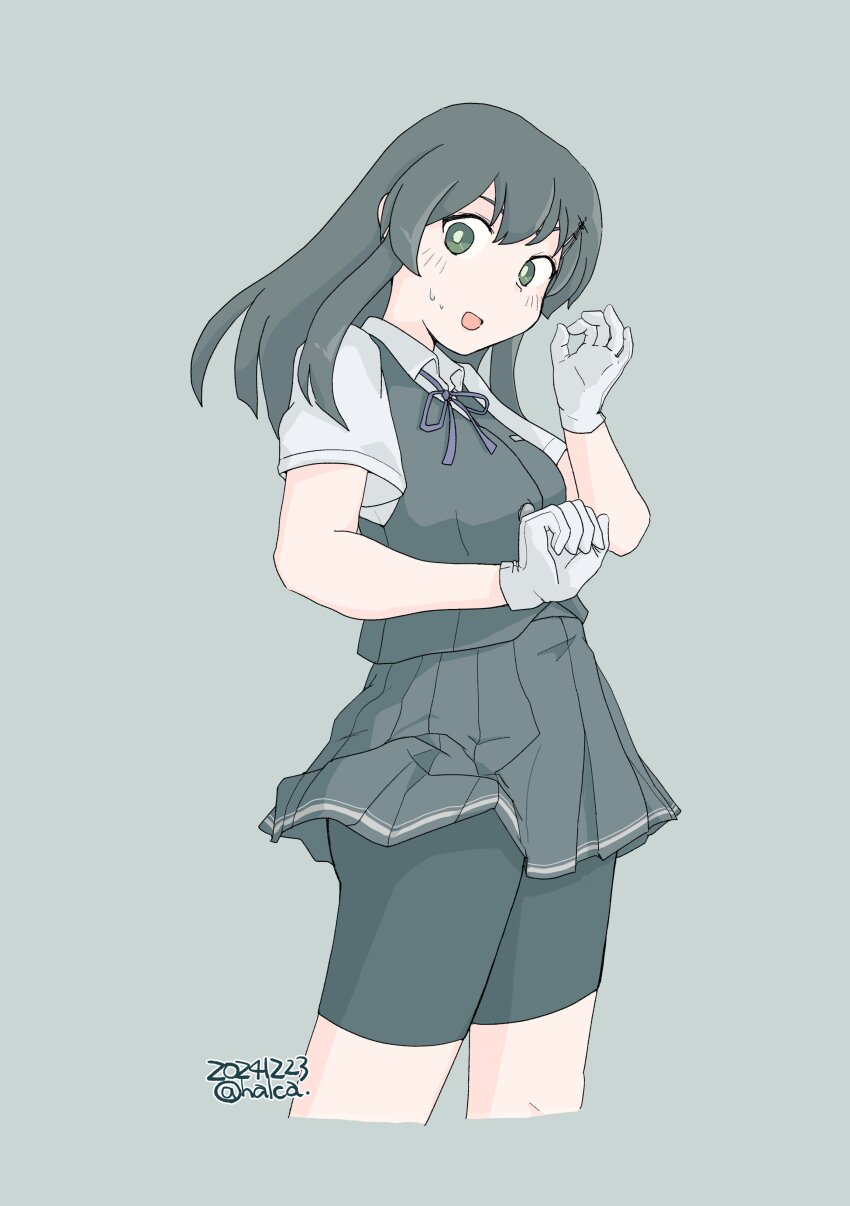 1girl, absurdres, bike_shorts, black_eyes, black_footwear, black_hair, black_skirt, black_vest