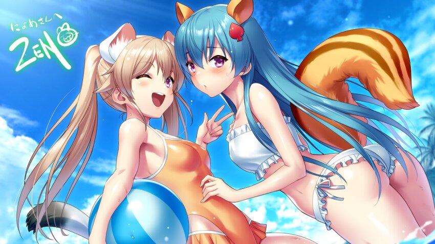 2girls, ;d, animal_ear_fluff, animal_ears, ao_no_kanata_no_four_rhythm, arisaka_mashiro, artist_name, ass, ball, bare_shoulders, beachball, bikini, blue_hair, blue_sky, blush, breasts, brown_hair, commentary_request, commission, cowboy_shot, curvy, day, dog_ears, dog_girl, dog_tail, dutch_angle, fingernails, floating_hair, frilled_bikini, frills, hair_between_eyes, hair_ornament, hand_up, happy, highres, holding, holding_ball, holding_beachball, kemonomimi_mode, lips, long_hair, looking_at_viewer, multiple_girls, one-piece_swimsuit, one_eye_closed, open_mouth, orange_one-piece_swimsuit, outdoors, parted_lips, purple_eyes, second-party_source, shirase_minamo, shy, skeb_commission, sky, small_breasts, smile, squirrel_ears, squirrel_girl, squirrel_tail, straight_hair, swimsuit, tail, tail_raised, teeth, thighs, twintails, upper_teeth_only, v, very_long_hair, wet, white_bikini, zen_(kamuro)