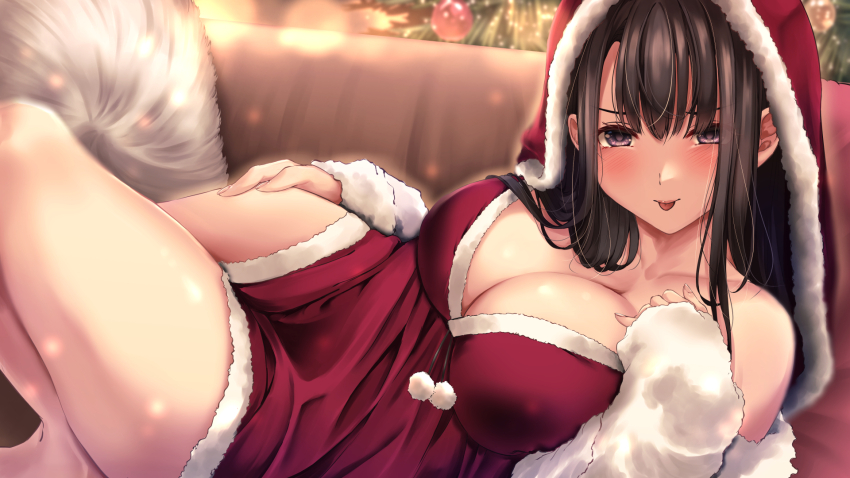 1girl, :p, black_hair, blush, breasts, christmas, christmas_tree, cleavage