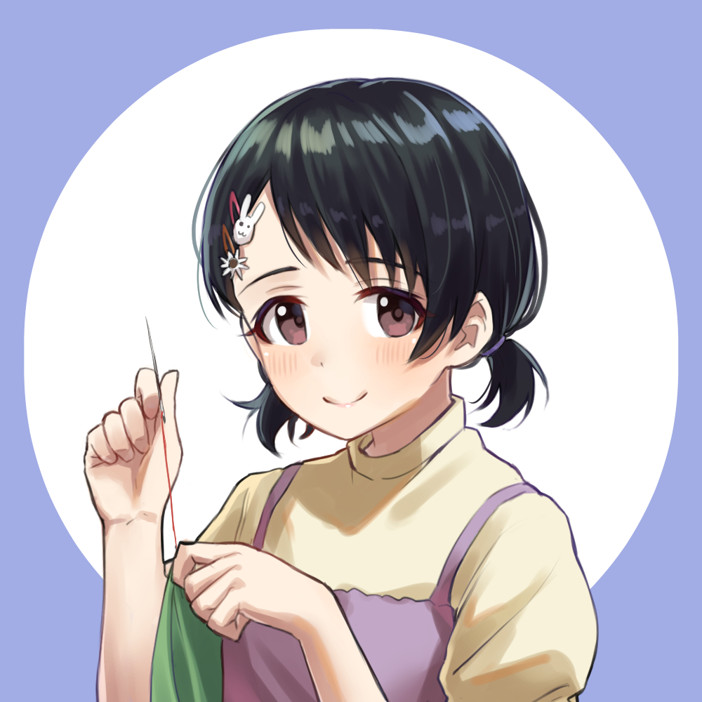 1girl, black_hair, blue_background, blush, brown_eyes, circle, closed_mouth, commentary_request