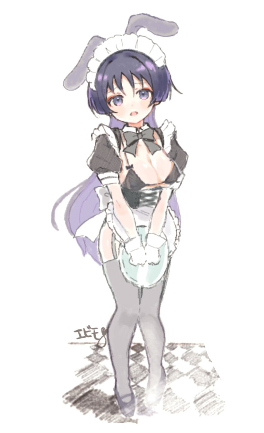 1girl, alternate_hair_length, alternate_hairstyle, animal_ears, apron, black_bra, black_sleeves, blunt_ends, bow, bowtie, bra, breasts, cleavage, clenched_hands, colored_inner_hair, detached_collar, ebinu2215, eyeliner, eyeshadow, frilled_apron, frilled_sleeves, frills, full_body, garter_belt, genderswap, genderswap_(mtf), genshin_impact, gloves, grey_bow, grey_bowtie, grey_thighhighs, hatching_(texture), highres, holding, holding_saucer, juliet_sleeves, long_hair, long_sleeves, looking_at_viewer, maid, maid_headdress, makeup, multicolored_hair, open_mouth, pigeon-toed, puffy_sleeves, purple_eyes, purple_hair, purple_shoes, rabbit_ears, raised_eyebrows, red_eyeliner, red_eyeshadow, saucer, scaramouche_(genshin_impact), shoes, sketch, solo, thighhighs, underwear, very_long_hair, waist_apron, white_background, white_bow, white_gloves