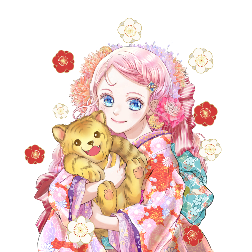 1girl, animal, blue_eyes, blush, flower, flower_request, hair_flower, hair_ornament