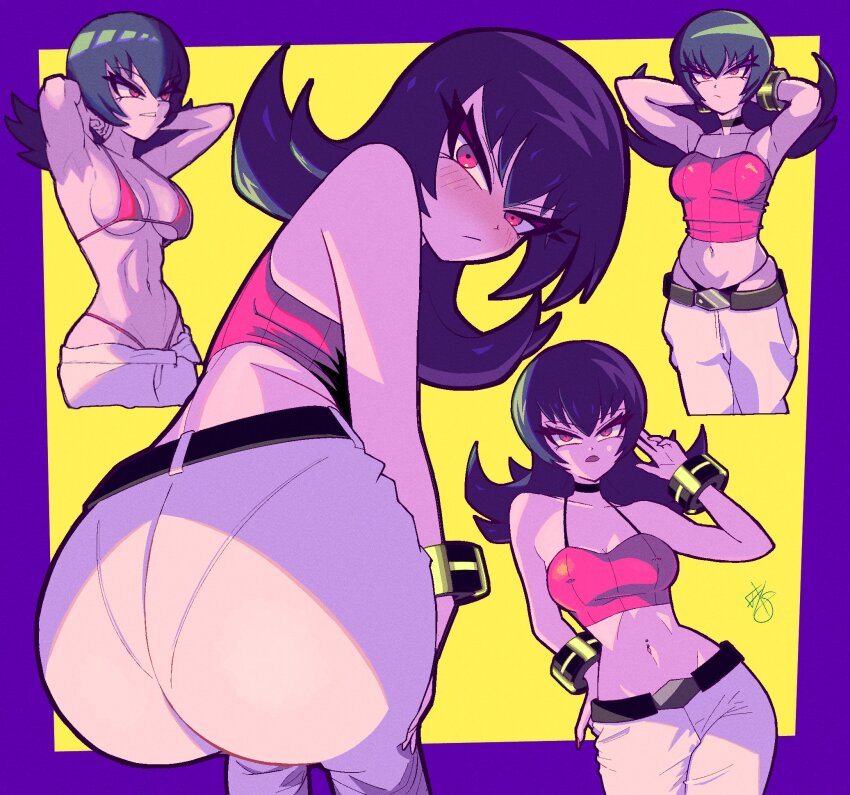 1girl, ass, ass_focus, bikini, blue_hair, blush, bracelet, breasts, cleavage, crop_top, dark_blue_hair, frankgallaxx, highres, huge_ass, jewelry, looking_back, multiple_views, nintendo, pants, pantylines, pokemon, pokemon_heartgold_and_soulsilver, red_bikini, red_eyes, sabrina_(pokemon), swimsuit, thong, white_pants