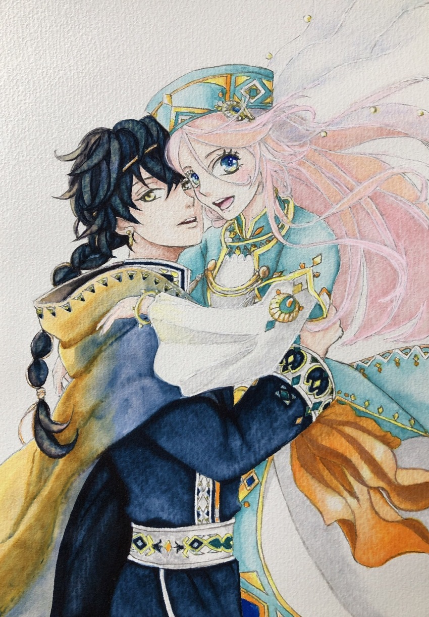 azure_seth_fortna, black_hair, blue_eyes, blue_jacket, blush, bracelet, braid, braided_ponytail