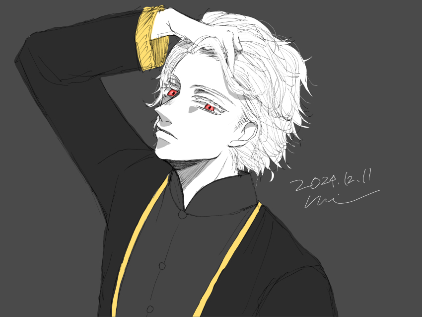 1boy, black_jacket, black_shirt, closed_mouth, collared_shirt, grey_background, hand_up, highres