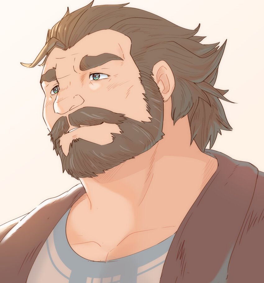 1boy, absurdres, arcane:_league_of_legends, beard, blue_eyes, brown_hair, brown_jacket, close-up