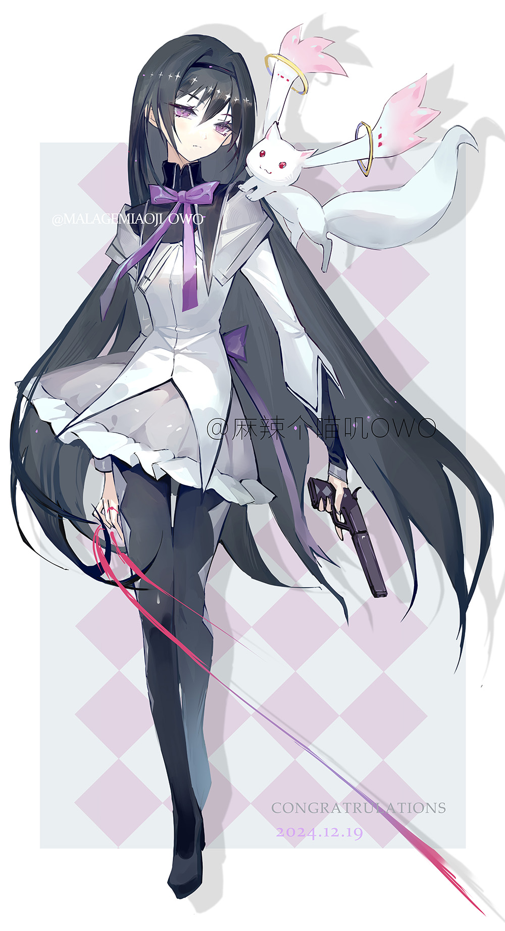 1girl, akemi_homura, akemi_homura_(magical_girl), argyle_background, argyle_clothes, argyle_footwear, artist_name, back_bow, black_boots, black_capelet, black_hair, black_hairband, boots, border, bow, bowtie, capelet, closed_mouth, collared_capelet, creature, creature_on_shoulder, dated, dress, expressionless, eyelashes, frilled_skirt, frills, full_body, grey_background, grey_skirt, gun, hair_intakes, hairband, handgun, high_collar, high_heel_boots, high_heels, highres, holding, holding_gun, holding_ribbon, holding_weapon, hongyi_chen, kyubey, long_hair, magical_girl, mahou_shoujo_madoka_magica, mahou_shoujo_madoka_magica_(anime), on_shoulder, outside_border, purple_bow, purple_bowtie, purple_eyes, red_ribbon, ribbon, shadow, short_dress, skirt, skirt_under_dress, solo, standing, thigh_boots, very_long_hair, watermark, weapon, white_border, white_dress