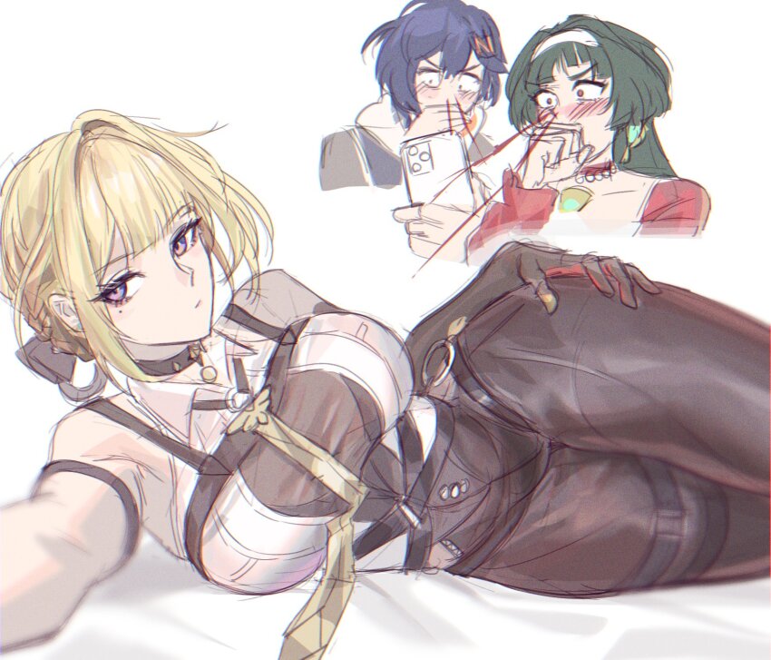 3girls, astra_yao, belle_(zenless_zone_zero), black_gloves, black_pants, blonde_hair, blood, blue_hair