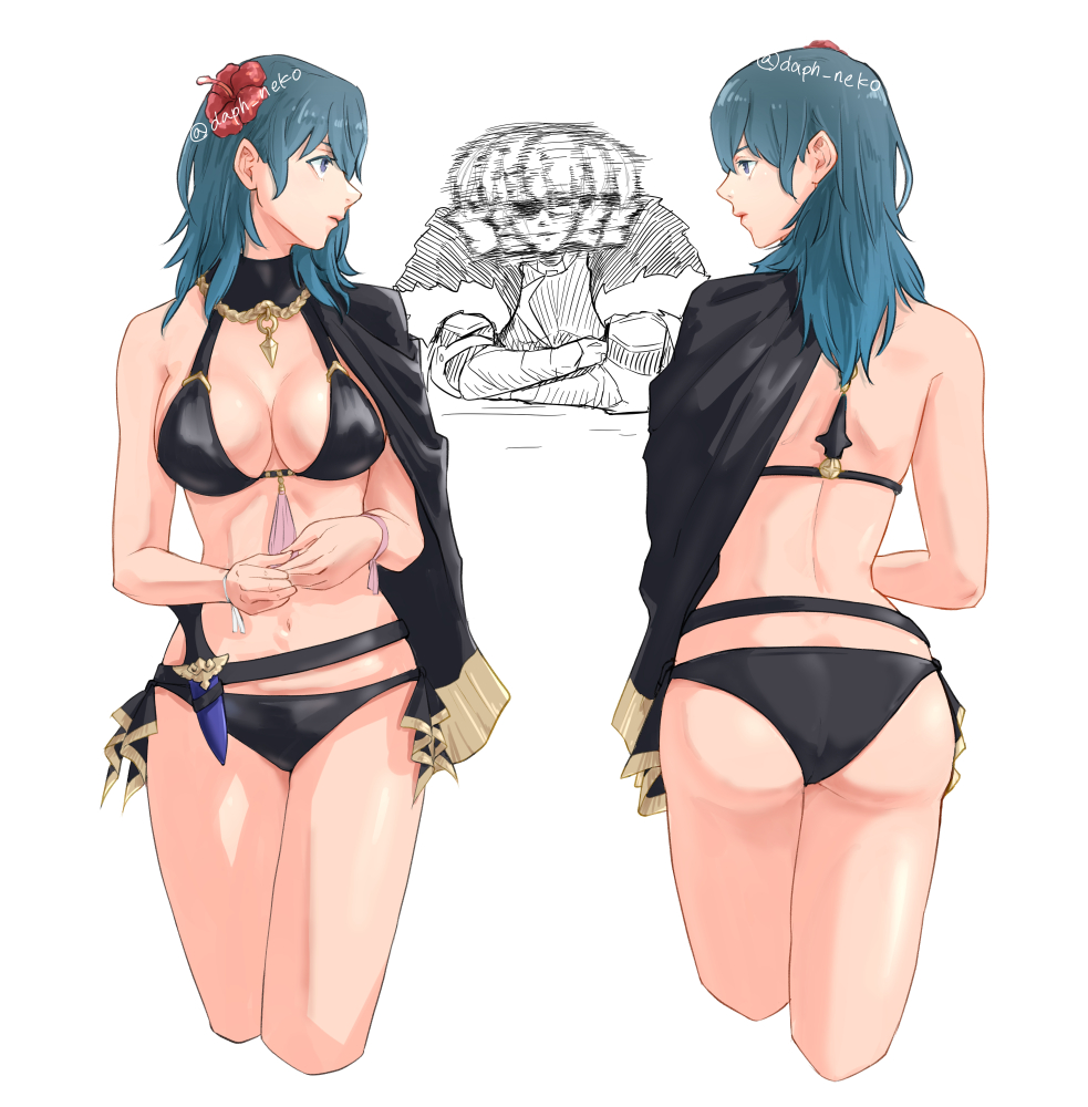 1boy, 1girl, afterimage, ass, bikini, black_bikini, black_cape, blue_hair