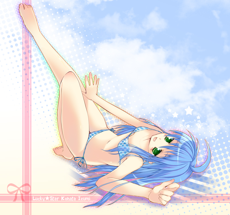 00s, 1girl, ahoge, bad_id, bad_pixiv_id, barefoot, bikini, blue_hair