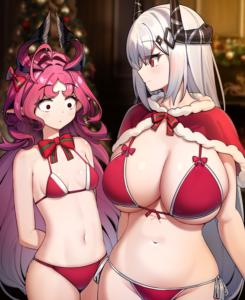 2girls, absurdres, ahoge, arknights, arms_behind_back, bare_shoulders, bikini, blush, bow, bowtie, breast_envy, breasts, capelet, christmas, cleavage, closed_mouth, dishui_tangni, empty_eyes, fur-trimmed_capelet, fur_trim, grey_hair, hair_bow, hair_ornament, highres, horns, indoors, large_breasts, long_hair, mudrock_(arknights), multiple_girls, navel, nymph_(arknights), pink_hair, pointy_ears, red_bikini, red_bow, red_bowtie, red_capelet, red_eyes, ribbon, side-tie_bikini_bottom, small_breasts, smile, swimsuit, very_long_hair, white_ribbon, wide-eyed