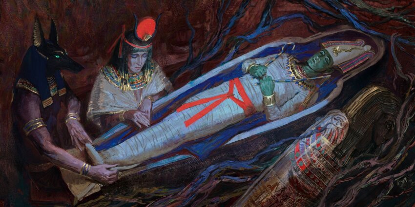 1girl, 2boys, ancient_egyptian, ancient_egyptian_clothes, ancient_egyptian_hat, animal_ears, animal_head, anubis_(mythology), armlet, bandages, beard, black_dress, black_hair, bracelet, colored_skin, dark-skinned_male, dark_skin, dress, dual_wielding, egyptian_mythology, facial_hair, goldeldarka, green_skin, hair_ornament, hat, highres, holding, holding_scepter, husband_and_wife, isis_(egyptian_mythology), isis_(mythology), jackal, jackal_boy, jackal_ears, jewelry, multiple_boys, osiris_(mythology), sad, sarcophagus, scepter, white_hat