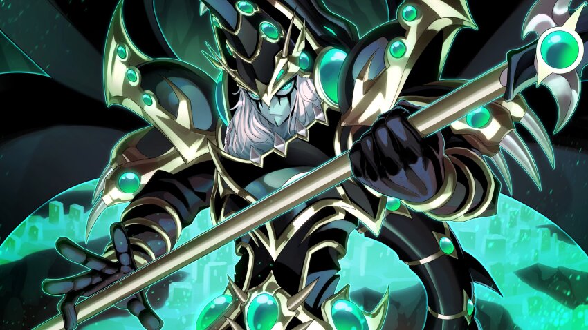 1boy, absurdres, armor, black_armor, blue_skin, colored_skin, duel_monster, easterhands