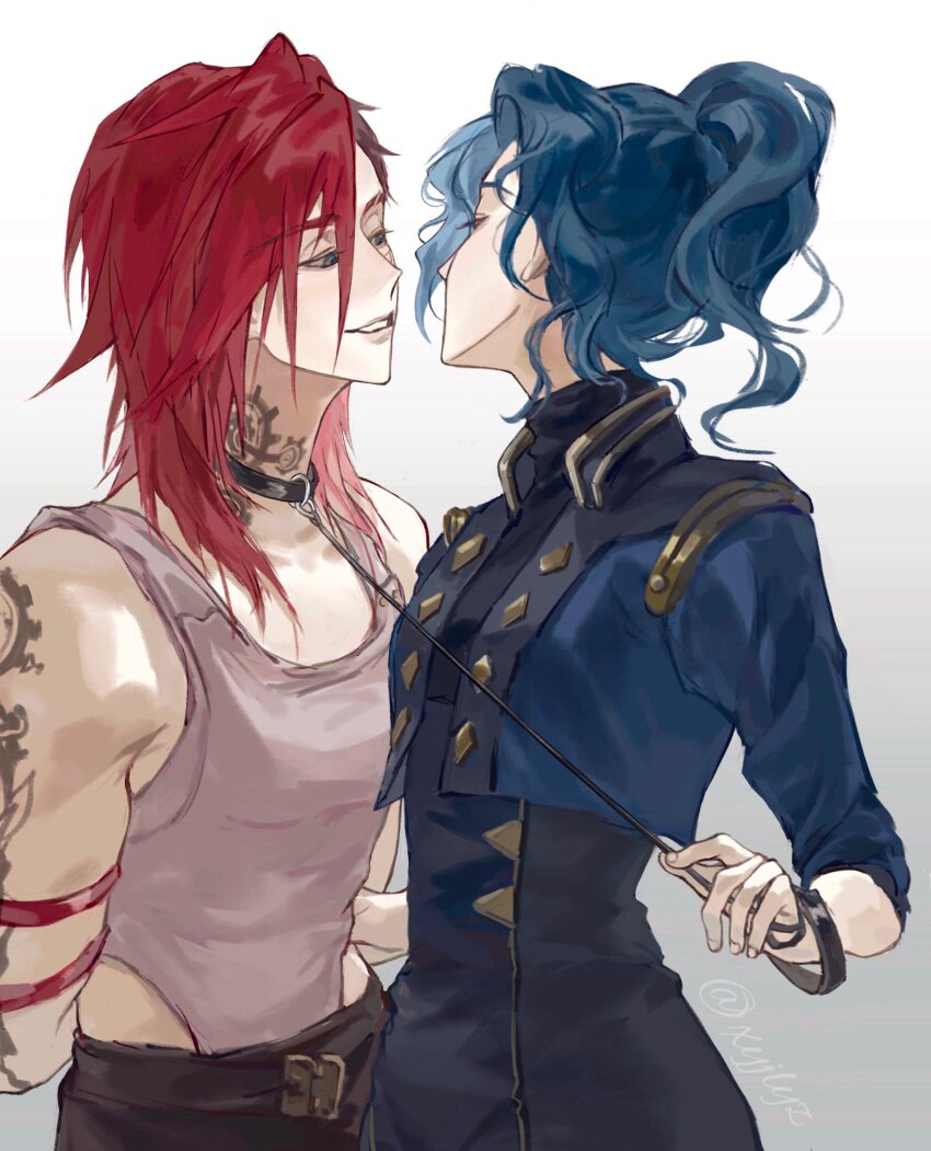 2girls, arcane:_league_of_legends, arcane_caitlyn, arcane_vi, asymmetrical_hair, blue_hair, breasts, caitlyn_(league_of_legends), face_piercing, facial_tattoo, highres, league_of_legends, long_hair, multiple_girls, nose_piercing, piercing, pink_hair, red_hair, short_hair, sidecut, smile, tattoo, undercut, vi_(league_of_legends), xiyiji_li_you_zhi, yuri