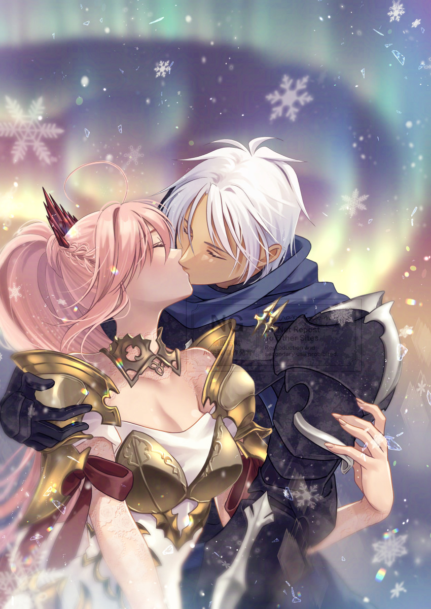 1boy, 1girl, alphen_(tales), armor, aurora, braid, breasts, closed_eyes