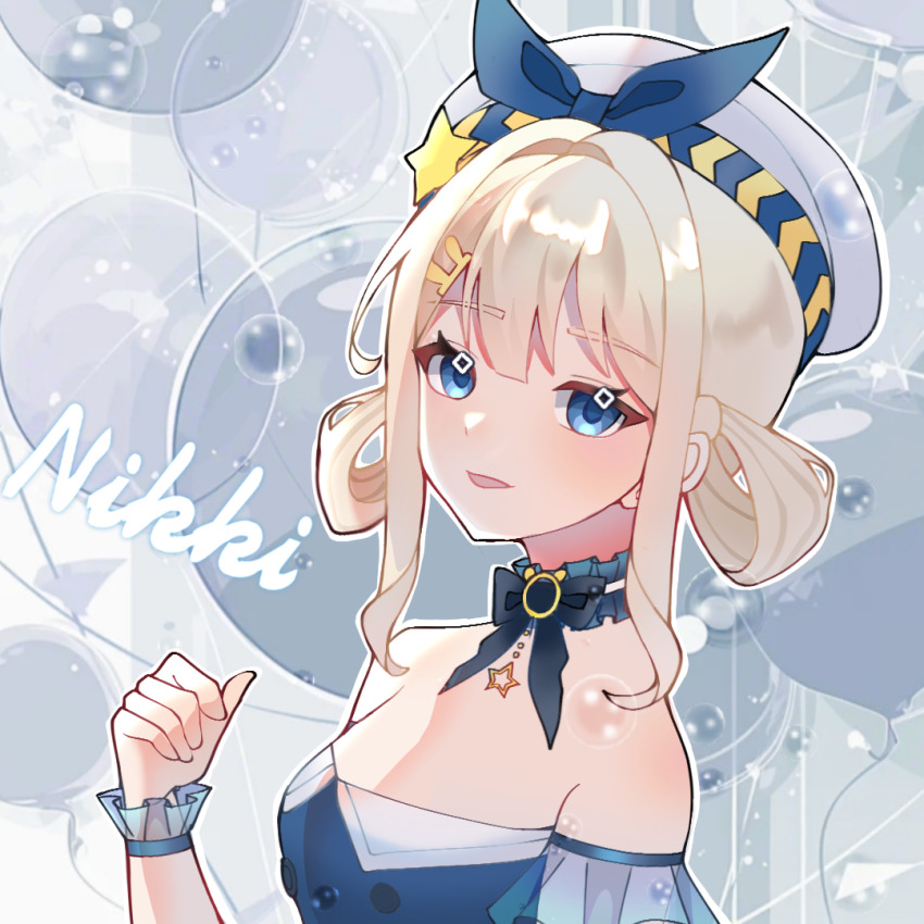 1girl, balloon, bare_shoulders, beret, black_bow, black_bowtie, black_gem, blonde_hair