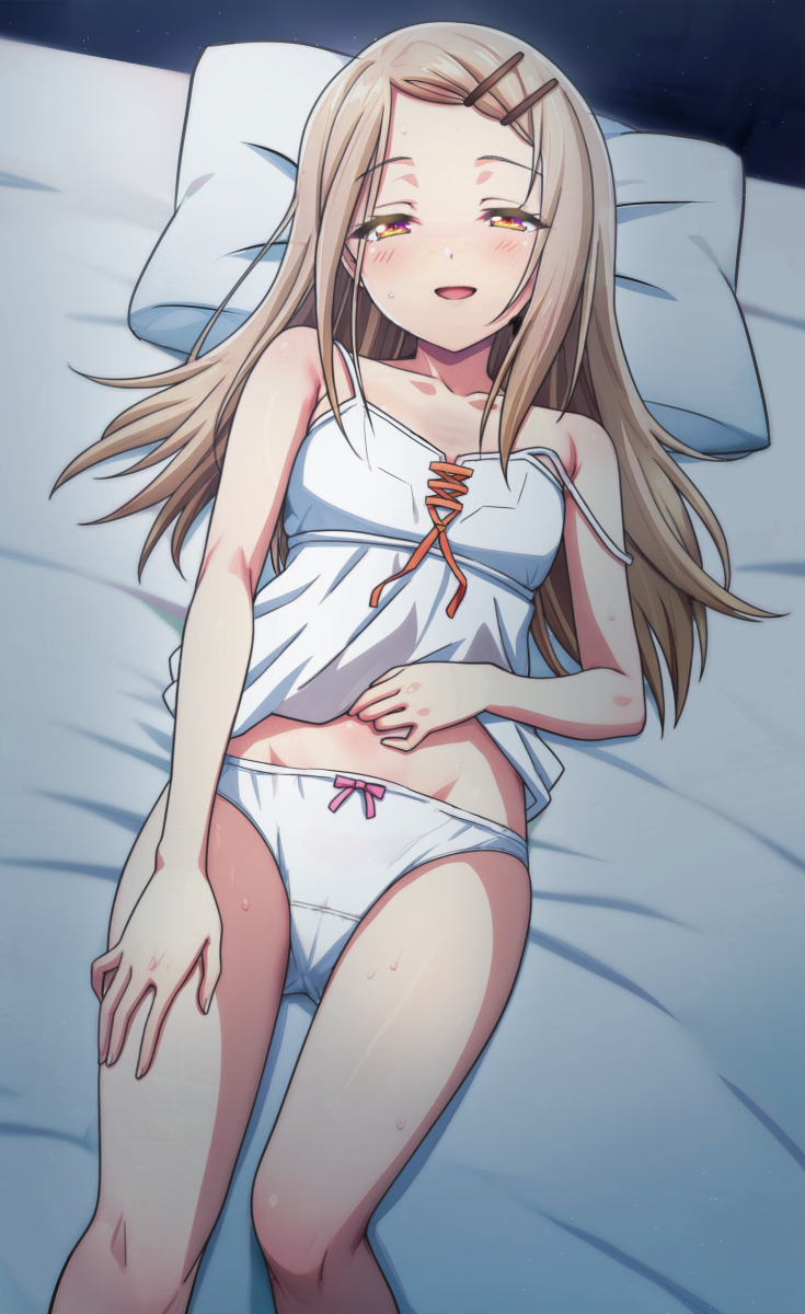 1girl, blonde_hair, blush, camisole, flat_chest, gakuen_idolmaster, hair_ornament, hairclip