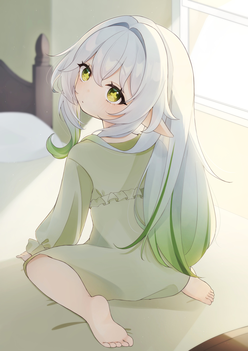 1girl, absurdres, barefoot, bed, blush, commentary_request, day, dress, from_behind, genshin_impact, gradient_hair, green_dress, green_eyes, green_hair, hair_between_eyes, highres, indoors, iroha_(mimi0618xx), long_hair, long_sleeves, looking_at_viewer, looking_back, multicolored_hair, nahida_(genshin_impact), on_bed, pointy_ears, side_ponytail, sitting, solo, star-shaped_pupils, star_(symbol), symbol-shaped_pupils, toes, wariza, white_hair