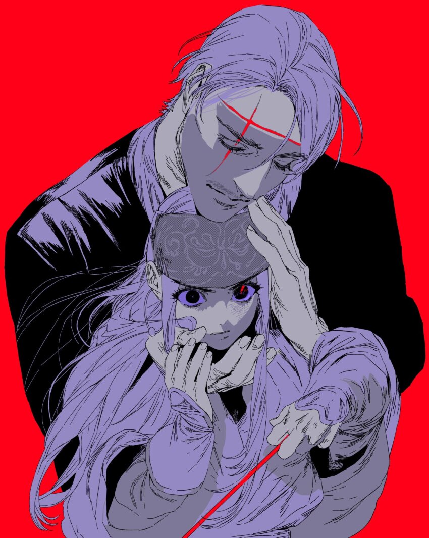 1boy, 1girl, ainu_clothes, asirpa, closed_eyes, earrings, facial_hair, father_and_child