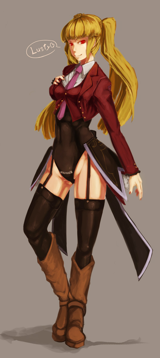 1girl, asmodeus_(umineko), bad_id, bad_pixiv_id, black_garter_straps, black_thighhighs, blonde_hair, boots