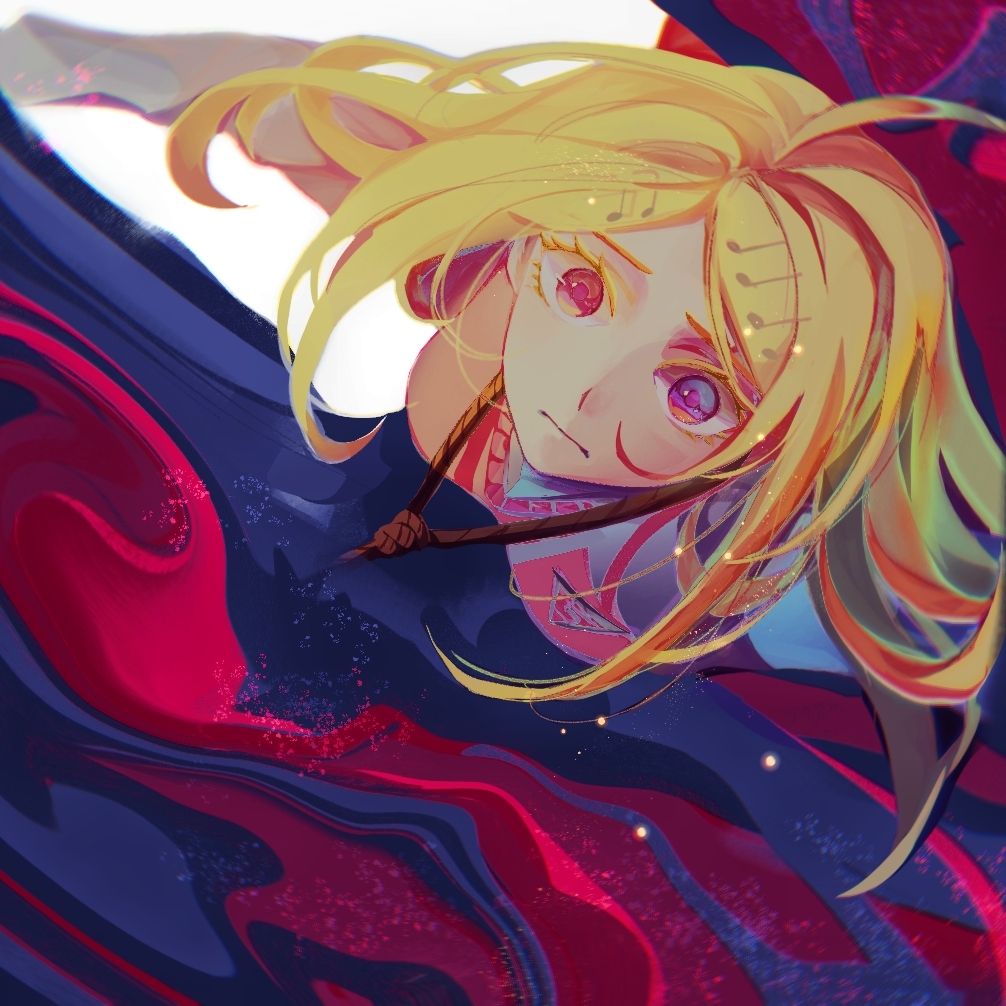 1girl, akamatsu_kaede, blonde_hair, bsyt41, chinese_commentary, closed_mouth, colored_eyelashes, commentary_request, crest, curtains, danganronpa_(series), danganronpa_v3:_killing_harmony, expressionless, fortissimo, from_above, hair_ornament, light_frown, light_particles, long_hair, long_sleeves, looking_at_viewer, musical_note, musical_note_hair_ornament, noose, pink_vest, purple_eyes, shirt, solo, spoilers, sweater_vest, upper_body, v-neck, vest, white_shirt