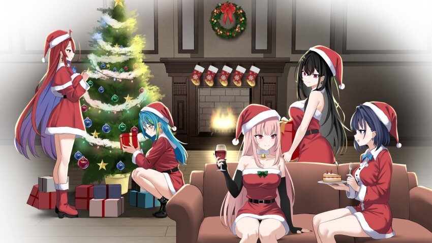 5girls, ahoge, alcohol, aotsuki_remia, bare_shoulders, bell, black_footwear, black_hair