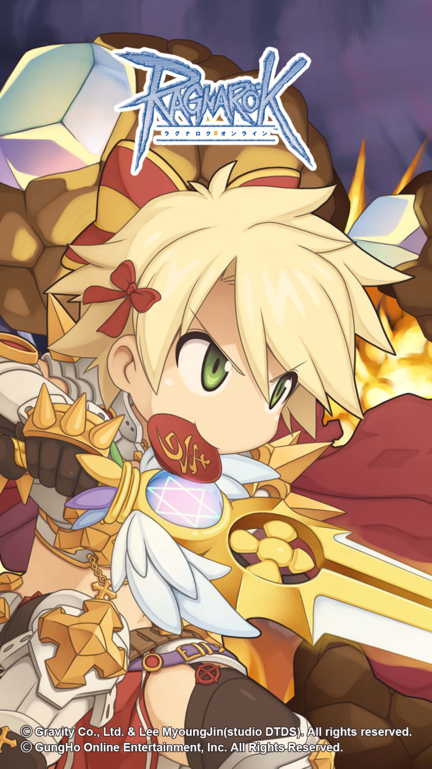 1girl, armored_boots, belt, black_gloves, black_thighhighs, blonde_hair, blush, boots