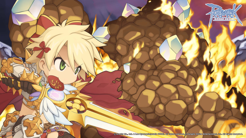 1girl, armored_boots, belt, black_gloves, black_thighhighs, blonde_hair, blush, boots