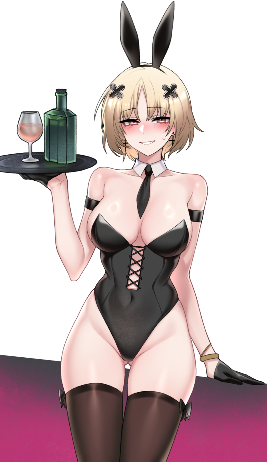 1girl, alcohol, animal_ears, arm_strap, black_bow, black_gloves, black_leotard, black_necktie