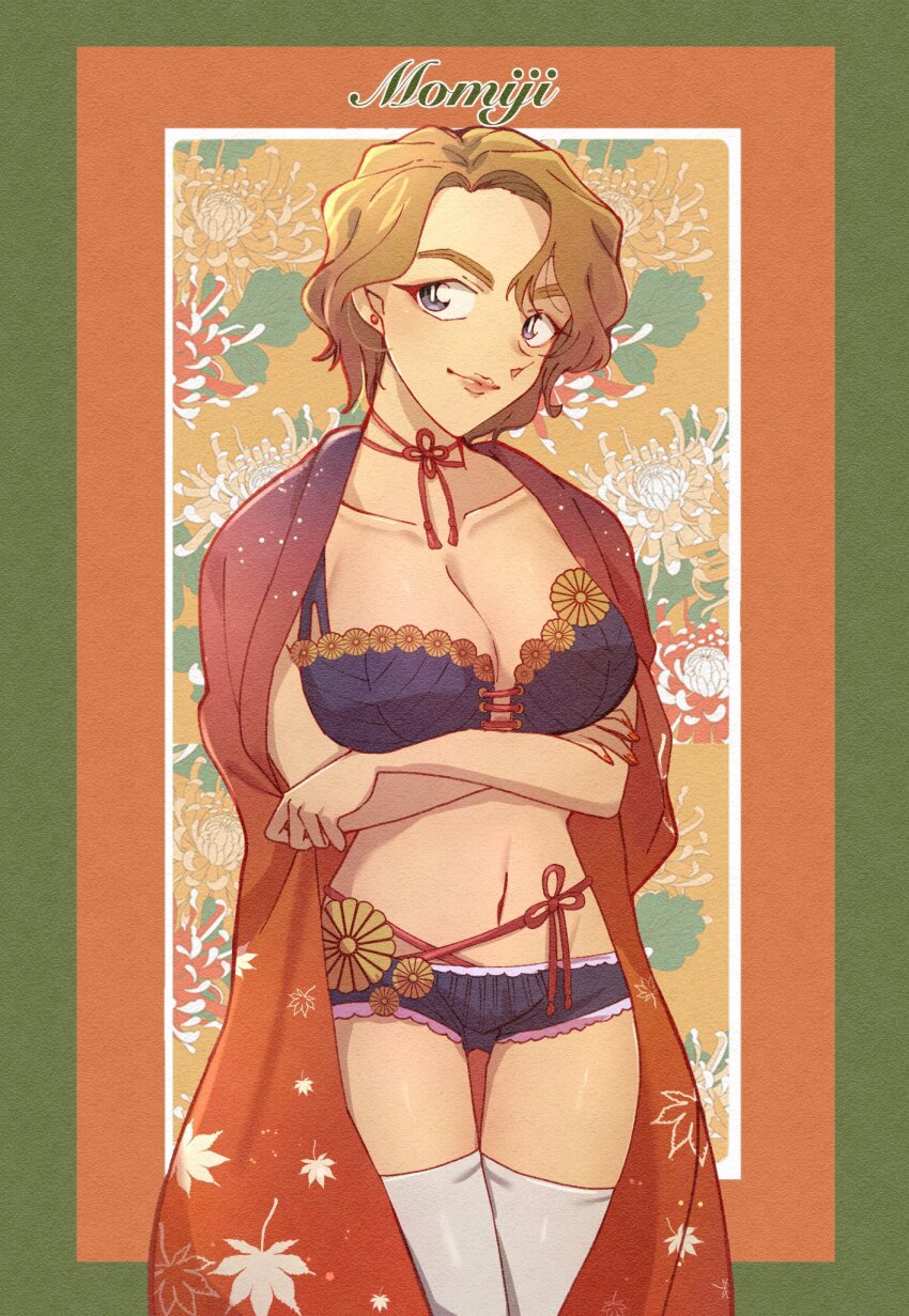 1girl, arms_under_breasts, blonde_hair, blue_eyes, bra, breasts, character_name, cleavage