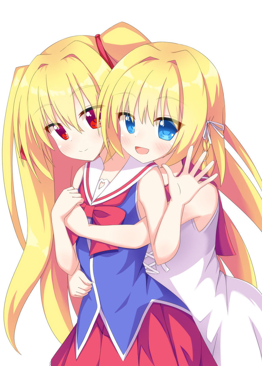 2girls, :d, bare_arms, blonde_hair, blue_eyes, blue_shirt, blush, bow