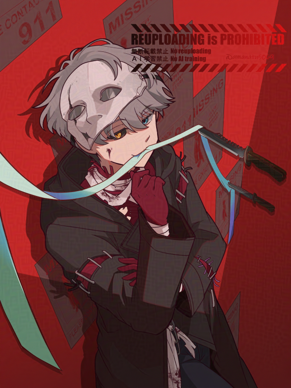 1boy, adversarial_noise, against_wall, amanatsu_(amanatu5069), black_coat, black_pants, black_sclera, blue_eyes, coat, colored_sclera, gloves, grey_hair, hand_on_own_arm, hand_up, heterochromia, holding, holding_ribbon, knife, long_sleeves, looking_at_viewer, male_focus, mask, mask_on_head, mismatched_sclera, mouth_hold, official_alternate_costume, pants, poster_(object), red_background, red_gloves, red_shirt, reverse:1999, ribbon, shirt, short_hair, solo, upper_body, watermark, x_(breathing_in_silence)_(reverse:1999), x_(reverse:1999), yellow_eyes