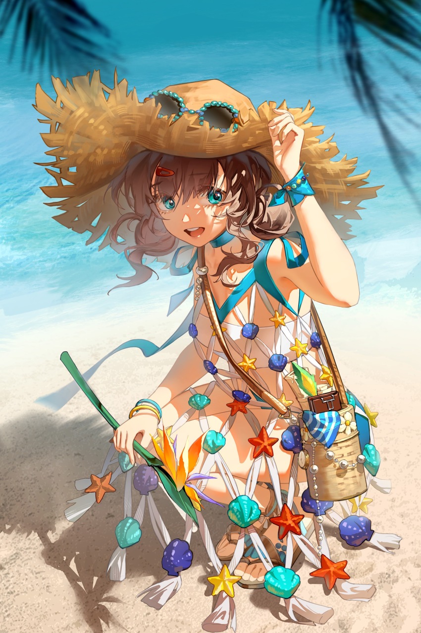 1girl, :d, absurdres, adjusting_clothes, adjusting_headwear, bag, beach, bird_of_paradise_flower