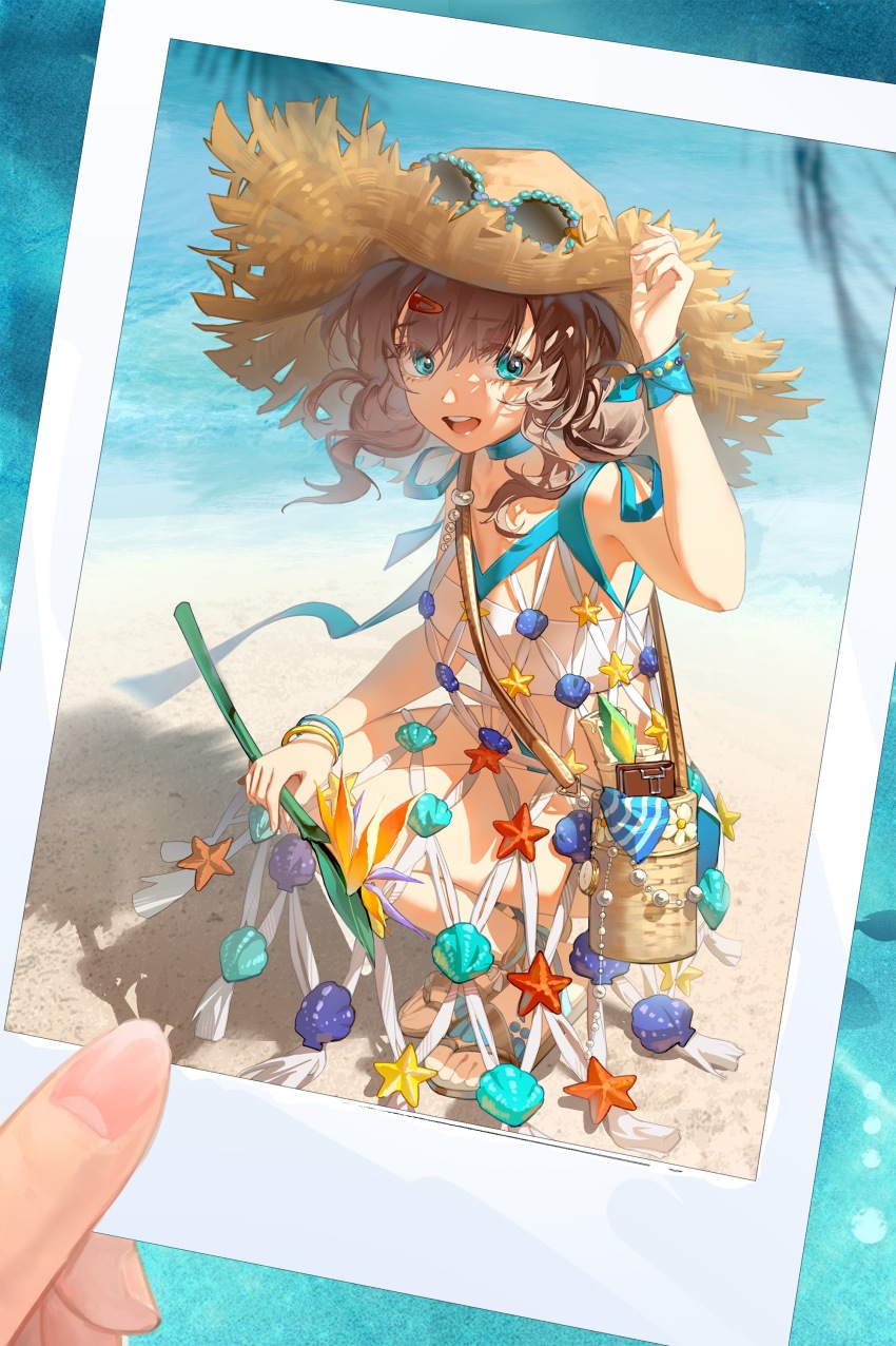 1girl, :d, absurdres, adjusting_clothes, adjusting_headwear, aqua_background, bag, beach