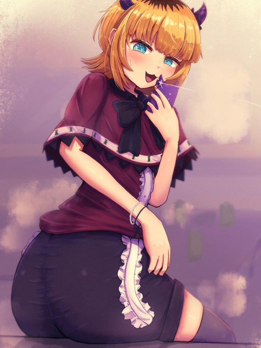 1girl, :3, aqua_eyes, ass, asuka-halhal, black_bow, blonde_hair, blunt_bangs, bow, cloud, demon_horns, from_behind, grey_thighhighs, highres, holding, holding_phone, horns, looking_at_phone, looking_back, mem-cho, multicolored_hair, nail_polish, oshi_no_ko, phone, red_shawl, red_shirt, roots_(hair), shawl, shirt, short_hair, short_shorts, shorts, sidelocks, sitting, sweatdrop, thighhighs, tight_clothes