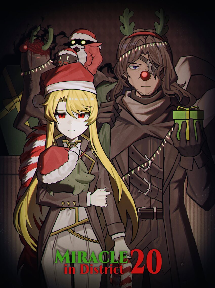 1boy, 1girl, absurdres, antlers, asdf1211950, black_gloves, blonde_hair, brown_coat, brown_hair, closed_mouth, coat, cowboy_shot, don_quixote_(project_moon), dullahan_(project_moon), eyepatch, gloves, gnome_(project_moon), gold_trim, headless, heathcliff_(project_moon), highres, horns, la_manchaland_(identity)_(project_moon), limbus_company, long_hair, long_sleeves, looking_at_viewer, pants, parted_bangs, project_moon, purple_eyes, red_eyes, reindeer_antlers, sancho_(project_moon), sidelocks, very_long_hair, white_pants, wuthering_heights_(identity)_(project_moon)