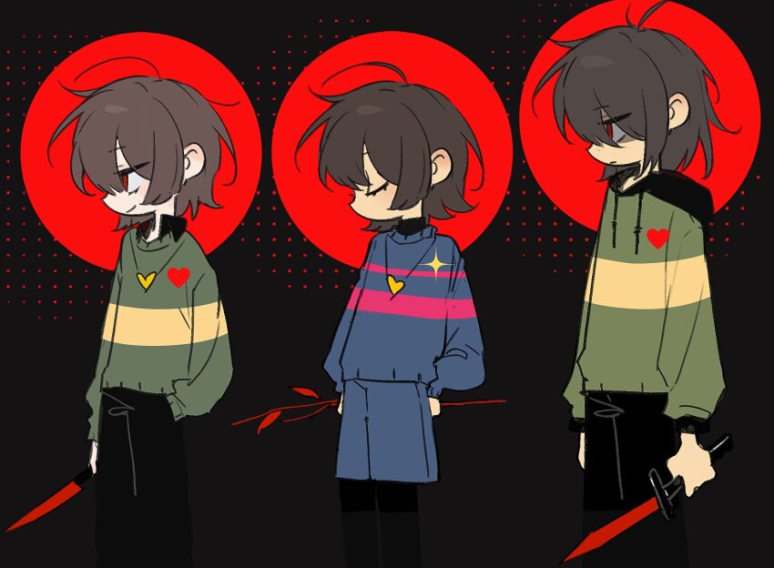 3others, arms_behind_back, black_pants, black_shorts, blue_shorts, blue_sweater, brown_hair, chara_(undertale)