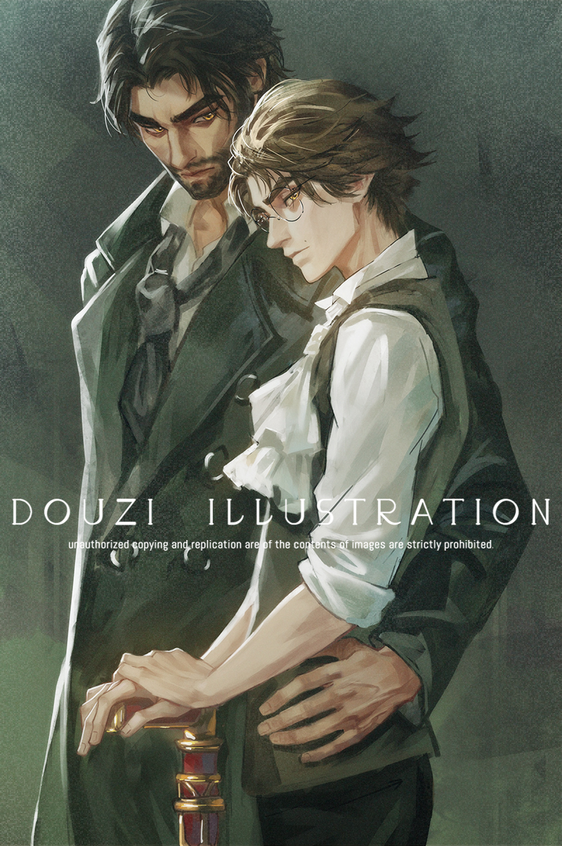 2boys, arcane:_league_of_legends, arm_around_another's_waist, artist_name, beard, black_coat, black_hair, black_pants