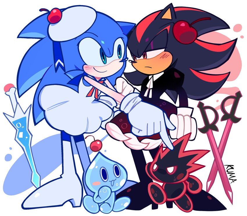 2boys, artist_name, beret, black_boots, black_dress, black_fur, blue_fur, blue_sailor_collar, blush, boots, chao_(sonic), cherry_cola_cookie, cherry_cola_cookie_(cosplay), cherry_hair_ornament, clenched_hands, closed_mouth, collared_dress, cookie_run, cookie_run:_tower_of_adventures, cosplay, cream_soda_cookie, cream_soda_cookie_(cosplay), crossdressing, crossdressing_(mtf), dark_chao, dress, eye_contact, food-themed_hair_ornament, full_body, furry, furry_male, gloves, green_eyes, hair_ornament, half-closed_eyes, hat, hedgehog_boy, hero_chao, highres, juliet_sleeves, kumakumaoii, long_sleeves, looking_at_another, male_focus, multiple_boys, neck_ribbon, puffy_sleeves, red_eyes, red_fur, red_ribbon, ribbon, sailor_collar, shadow_the_hedgehog, shoes, simple_background, sleeveless, sleeveless_dress, smile, sonic_(series), sonic_the_hedgehog, standing, sword, thigh_boots, two-tone_fur, weapon, white_background, white_boots, white_dress, white_gloves, white_hat, white_ribbon, wing_collar