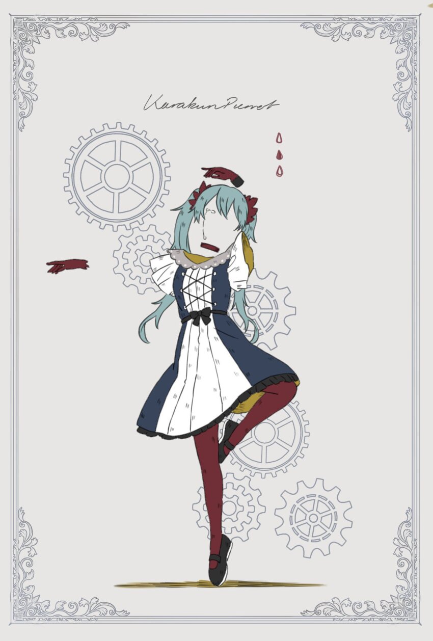 1girl, arms_up, black_bow, blue_dress, bow, choker, crying, dress