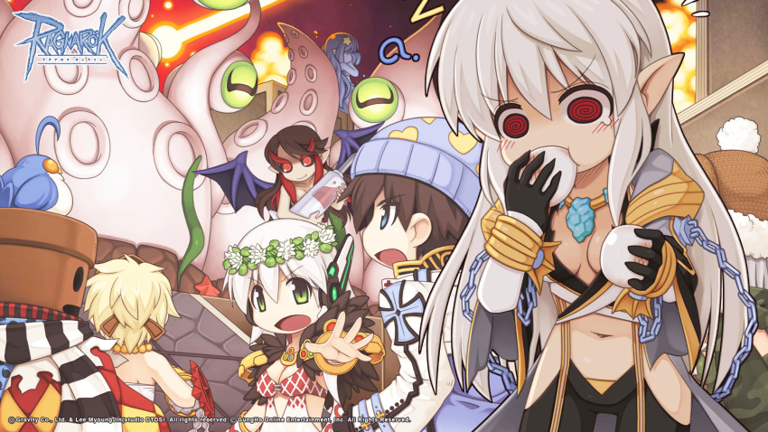 2boys, 6+girls, ?, @_@, animal, animal_on_head, arch_bishop_(ragnarok_online), argyle_clothes