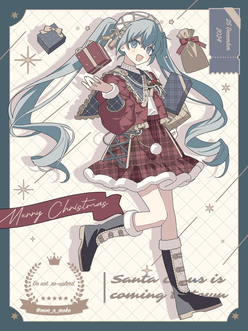 1girl, :d, alternate_costume, aqua_border, aqua_eyes, aqua_hair, boots, border