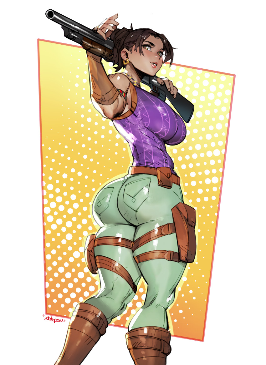 1girl, absurdres, armlet, ass, belt, belt_pouch, boots, breasts