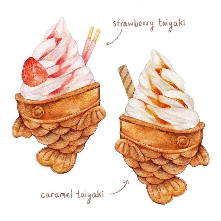 arrow_(symbol), cinnamon_stick, english_text, food, food_focus, fruit, ice_cream, no_humans, original, painting_(medium), pocky, simple_background, strawberry, taiyaki, third-party_source, traditional_media, wagashi, watercolor_(medium), white_background, ydxart