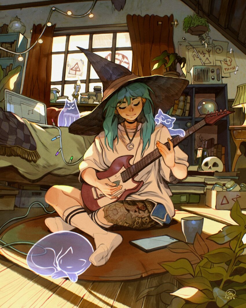 1girl, absurdly_detailed_composition, amulet, aqua_hair, artist_logo, bed, bedroom, blue_shorts
