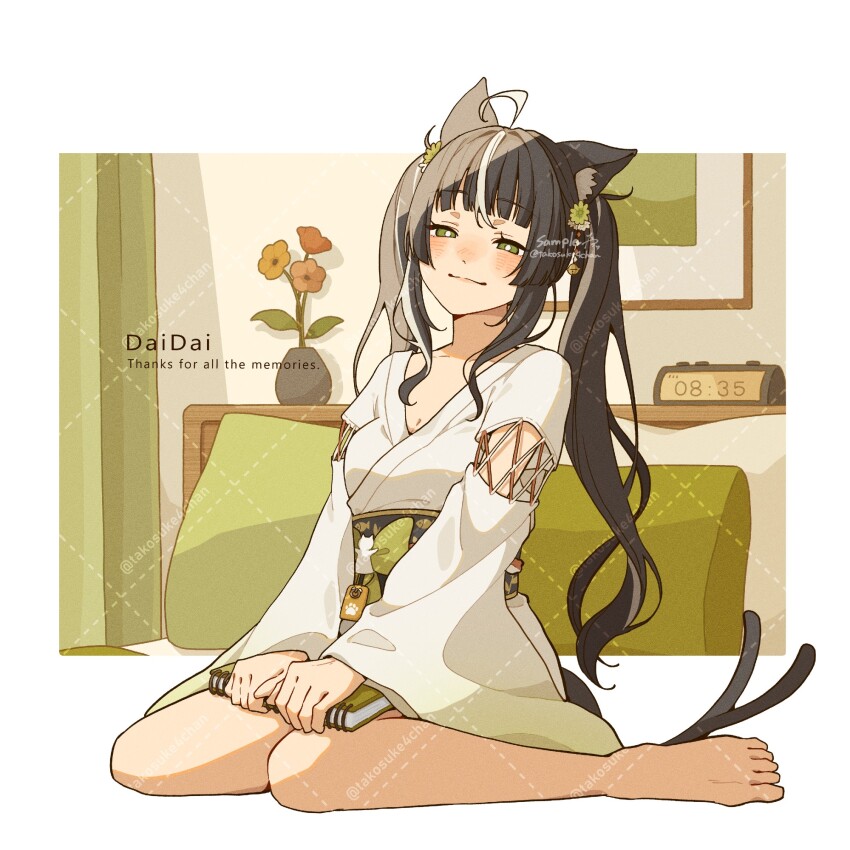 1girl, :d, ahoge, alarm_clock, animal_ear_fluff, animal_ears, animal_print, arched_bangs, barefoot, bed, bell, black_hair, black_sash, blush, book, bow, breasts, bright_pupils, cat_girl, cat_tail, cleavage, clock, closed_mouth, collarbone, commentary_request, commission, curtains, english_text, fish_print, flower, gradient_clothes, gradient_kimono, green_bow, green_eyes, green_flower, grid_background, hair_bell, hair_flower, hair_ornament, hands_on_lap, highres, holding, holding_book, indoors, japanese_clothes, jingle_bell, kimono, long_hair, long_sleeves, looking_at_viewer, medium_breasts, multicolored_hair, multiple_tails, open_mouth, original, pillow, plant, potted_plant, sample_watermark, sash, sitting, smile, solo, streaked_hair, tail, takosuke_(gyzp7373), twintails, two_tails, very_long_hair, wariza, watermark, white_kimono, white_pupils, wide_sleeves